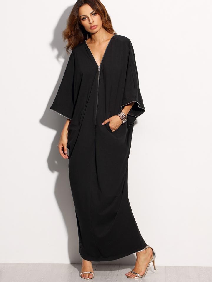 Romwe Black Zipper Pocket Three Quarter Sleeve Long Dress