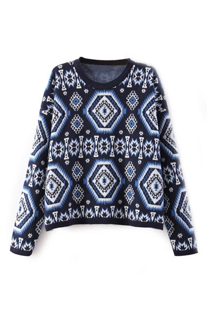 Romwe Rhombus Pattern Knitted Blue Jumper