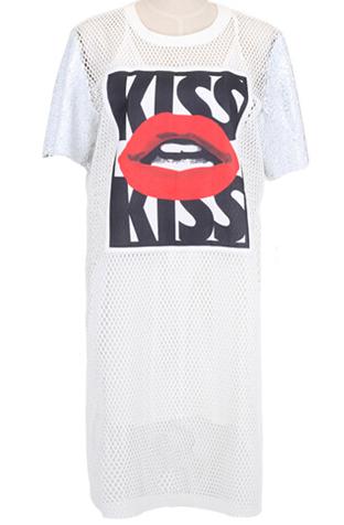 Romwe Kiss Lip Print Hollow Two Pieces White Dress