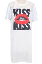 Romwe Kiss Lip Print Hollow Two Pieces White Dress