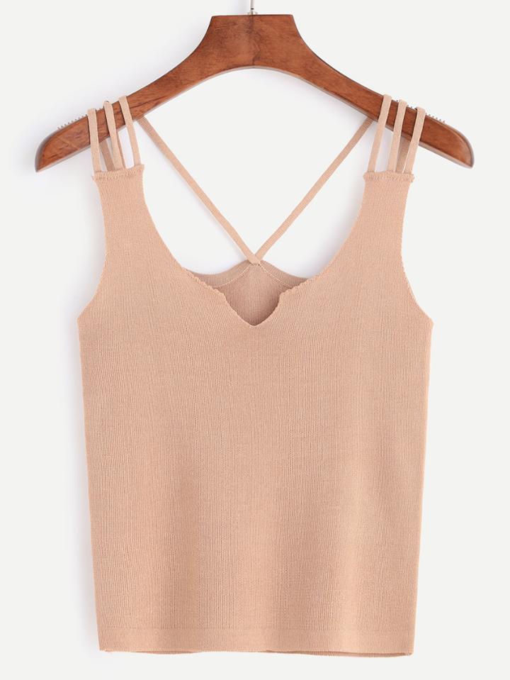 Romwe Pink Spaghetti Strap Notch Knit Vest