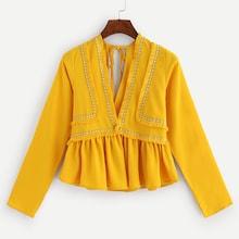 Romwe Fringe Detail V Neck Tape Panel Blouse