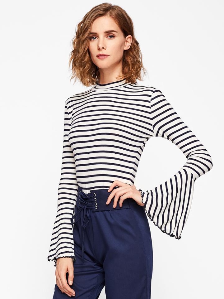 Romwe Trumpet Sleeve Lettuce Hem Ribbed Stripe Tee