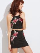 Romwe Black Embroidered Rose Applique Suede Halter Top With Skirt
