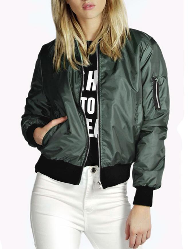 Romwe Green Stand Collar Zipper Crop Jacket