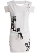 Romwe Cold Shoulder Letter Print Top With Drawstring Rivet Skirt