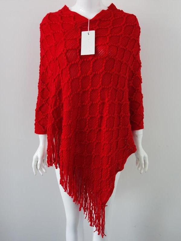 Romwe V Neck Tassel Red Poncho