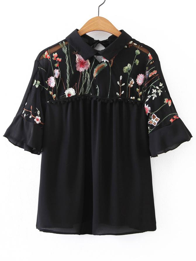 Romwe Elbow Sleeve Contrast Mesh Pom Pom Detail Blouse