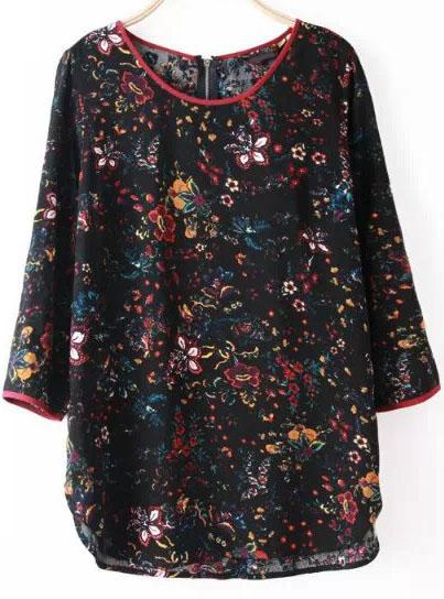 Romwe Black Quarter Sleeve Split Floral Blouse