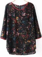 Romwe Black Quarter Sleeve Split Floral Blouse