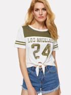 Romwe Mixed Print Knot Front Tee