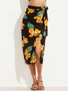 Romwe Black Random Flower Print Belted Slit Skirt