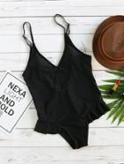 Romwe Black Ruffle Detail V Neck One-piece Swimwear