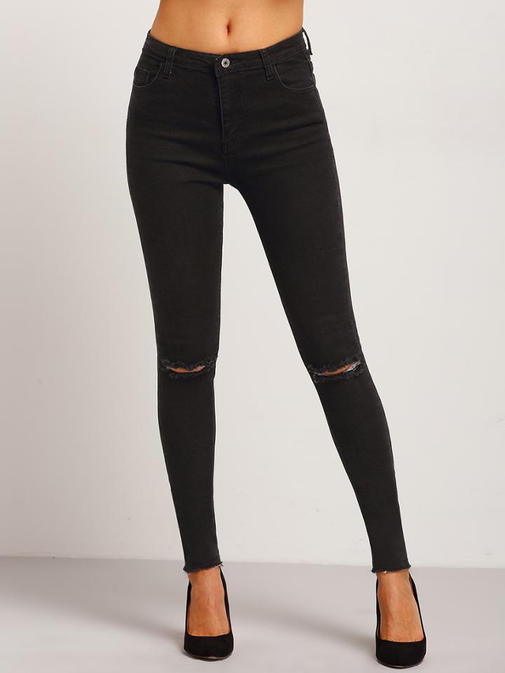 Romwe Ripped Frayed Denim Skinny Pant