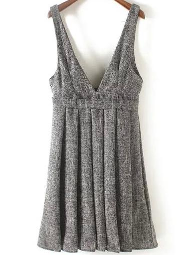 Romwe Deep V Neck Pleated Dress