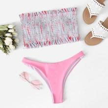 Romwe Flamingo Ruched Bandeau Top With High Cut Bikini