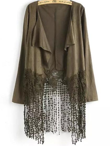 Romwe Lace Tassel Drape Front Suede Green Coat
