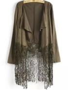 Romwe Lace Tassel Drape Front Suede Green Coat