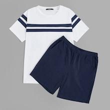 Romwe Guys Striped Tee & Slant Pocket Shorts Pj Set