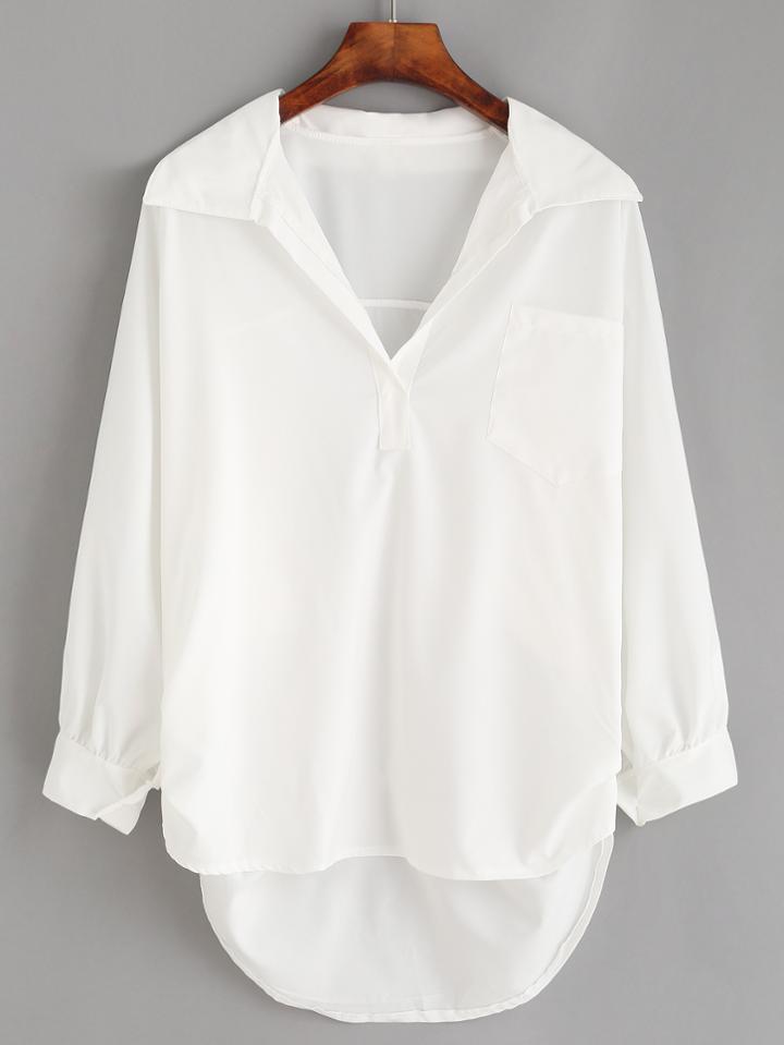 Romwe White Lapel High Low Pocket Blouse