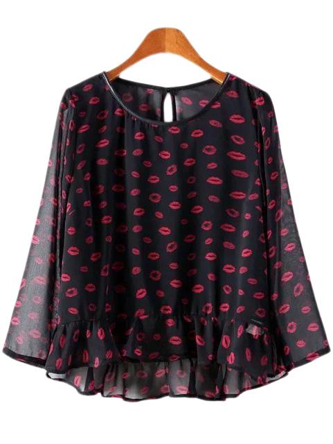 Romwe Multicolor Keyhole Back Lips Print Blouse