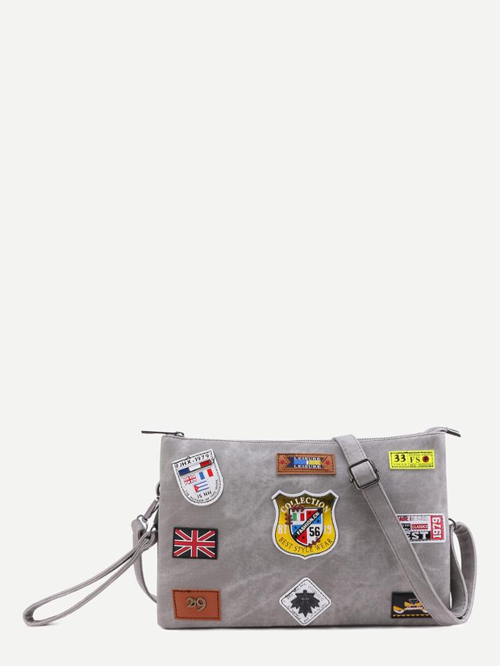 Romwe Grey Logo Patch Zip Closure Crossbody Bag