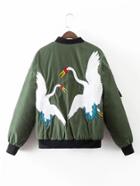 Romwe Crane Embroidery Quilted Bomber Jacket