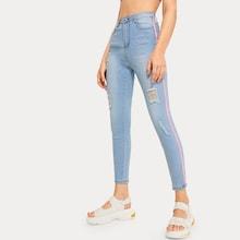 Romwe Side Stripe Ripped Jeans