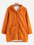 Romwe Orange Dual Pocket Front Fleece Inside Hooded Coat