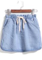 Romwe Blue Drawstring Waist Denim Skirt