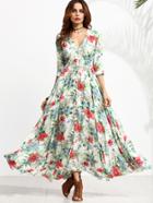 Romwe Floral Print Half Sleeve Drawstring Button Front Dress