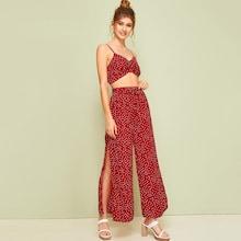Romwe Polka Dot Cami Top With Split Thigh Wide Leg Pants