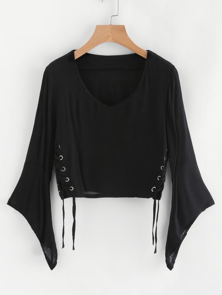 Romwe Fluted Sleeve Eyelet Lace Up Side Blouse