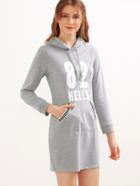 Romwe Grey Number Letter Print Drawstring Hooded Sweatshirt Dress