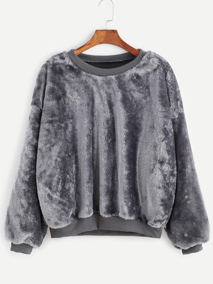 Romwe Grey Dropped Shoulder Seam Fuzzy Sweatshirt