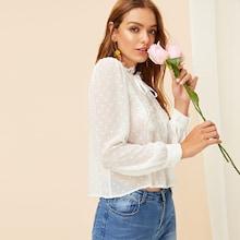 Romwe Tie Neck Lace Trim Semi Sheer Jacquard Blouse
