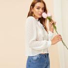 Romwe Tie Neck Lace Trim Semi Sheer Jacquard Blouse