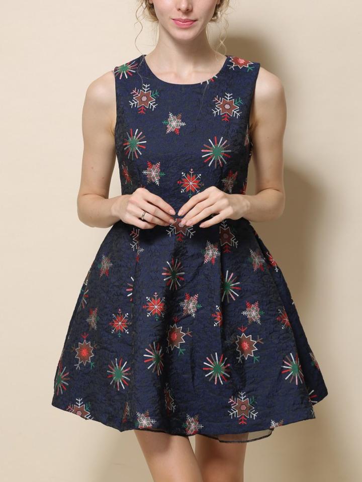 Romwe Blue Sleeveless Snowflake Print Flare Dress