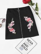 Romwe Floral Embroidered Patch Zip Up Front Skirt