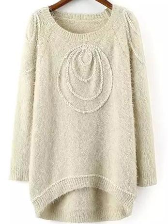 Romwe Bead Fuzzy High Low Apricot Sweater