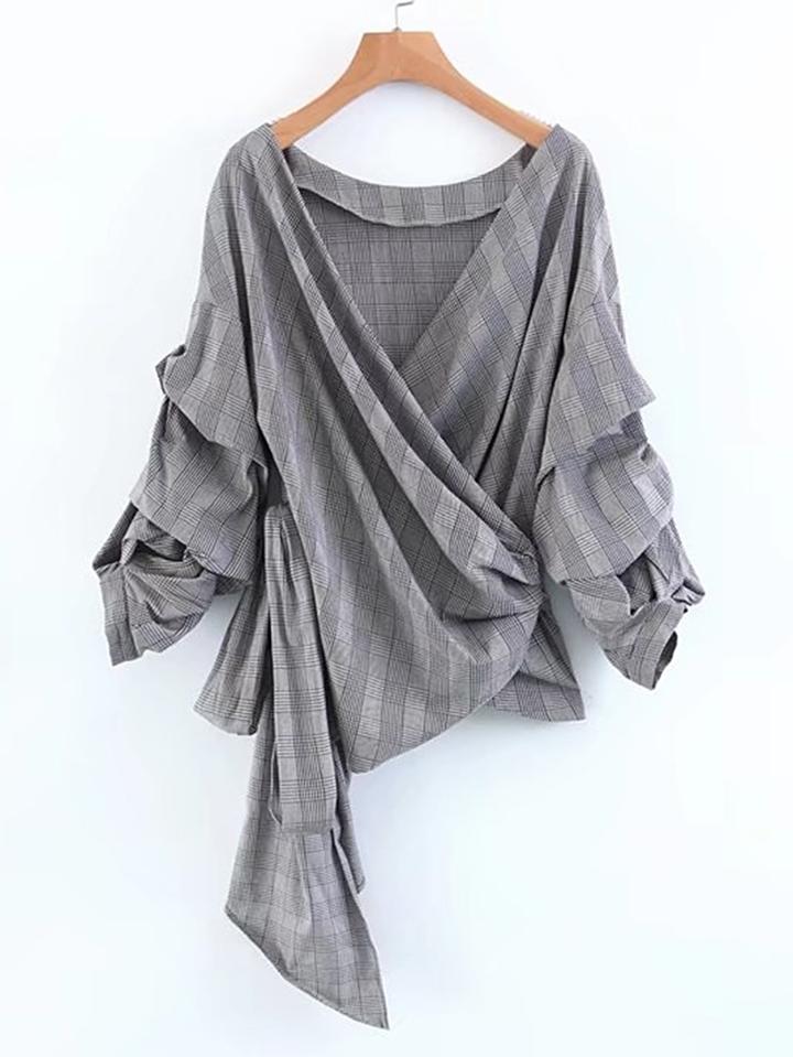 Romwe Ruched Sleeve Self Tie Surplice Blouse