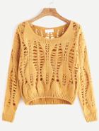 Romwe Yellow Hollow Out Crop Sweater