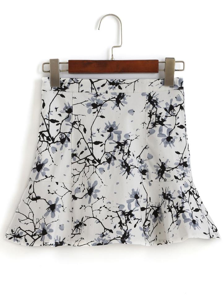 Romwe Peplum Hem Flower Print White Skirt