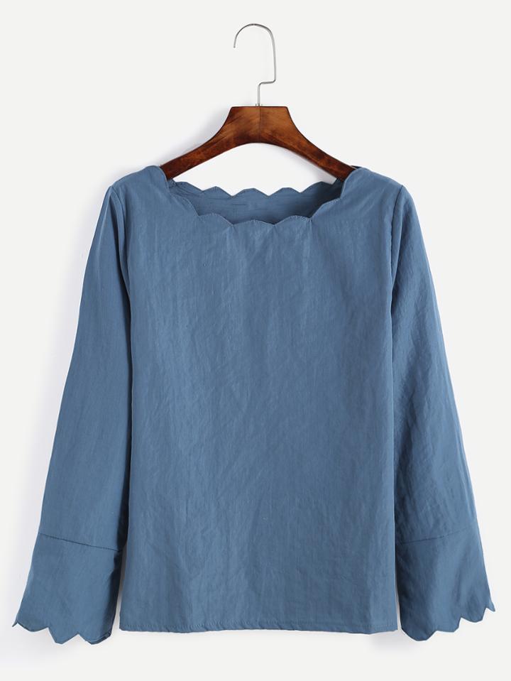 Romwe Blue Scalloped Long Sleeve Blouse