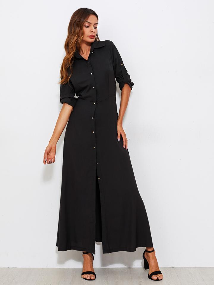 Romwe Roll Tab Sleeve Full Length Shirt Dress