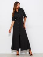 Romwe Roll Tab Sleeve Full Length Shirt Dress
