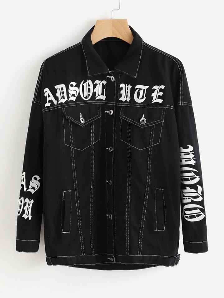 Romwe Letter Print Stitch Detail Denim Jacket