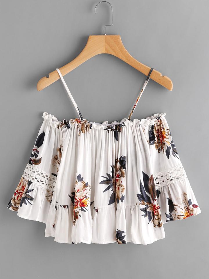 Romwe Flounce Hem Open Shoulder Florals Top