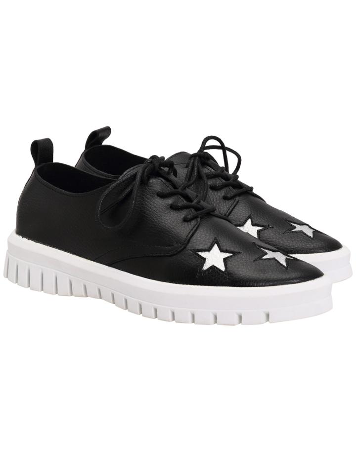 Romwe Black Lace Up Star Pattern Pu Flats