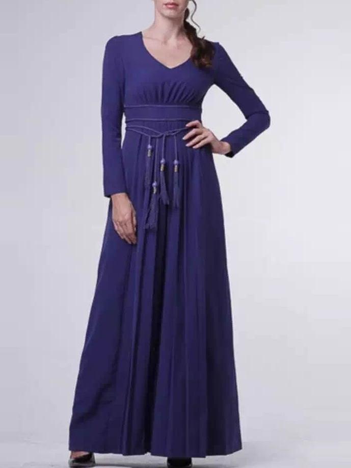 Romwe Purple V Neck Tie-waist Maxi Dress